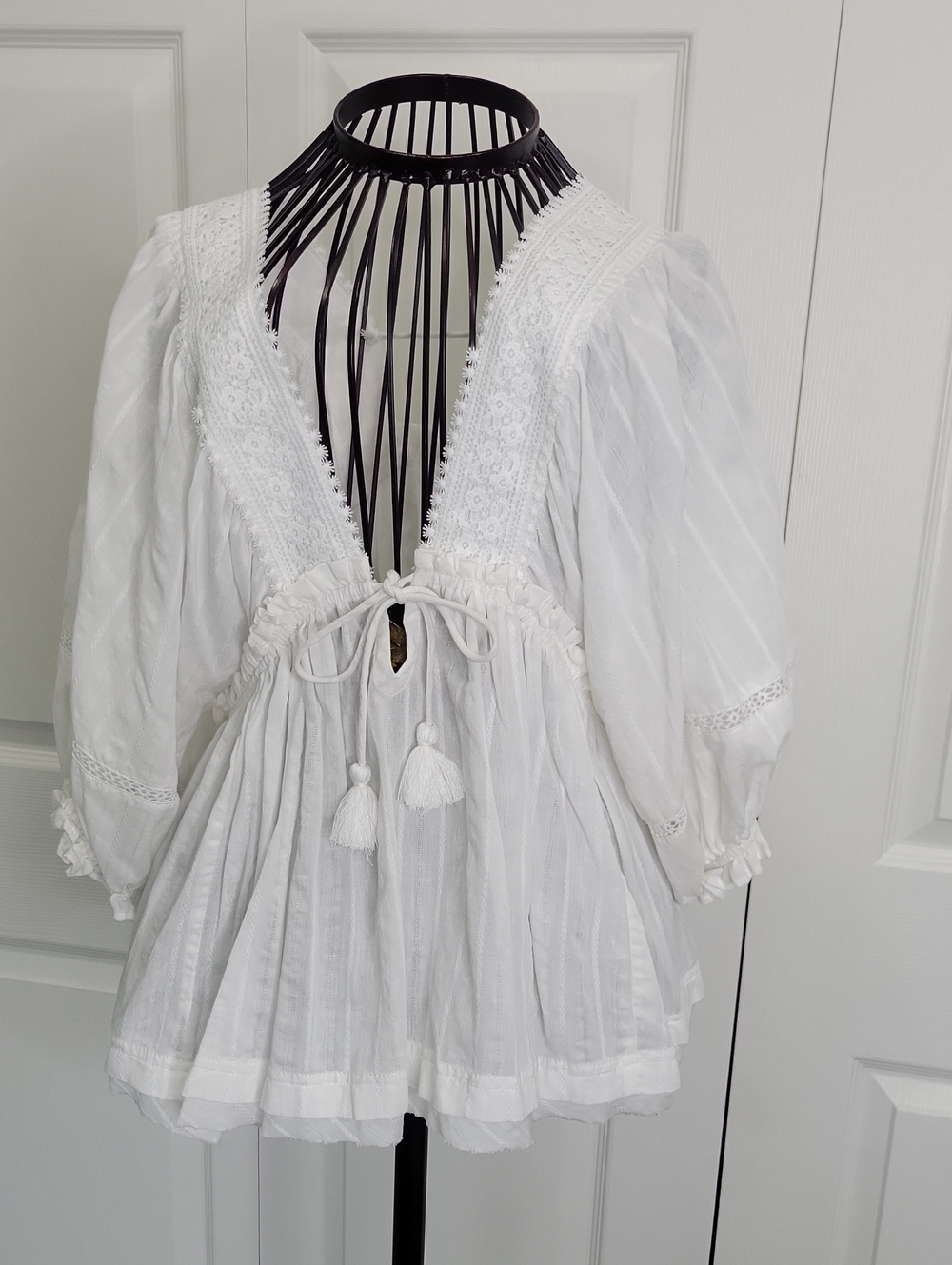 Stile Collection Boutique Boho White Peasant Blouse with Tassel Tie